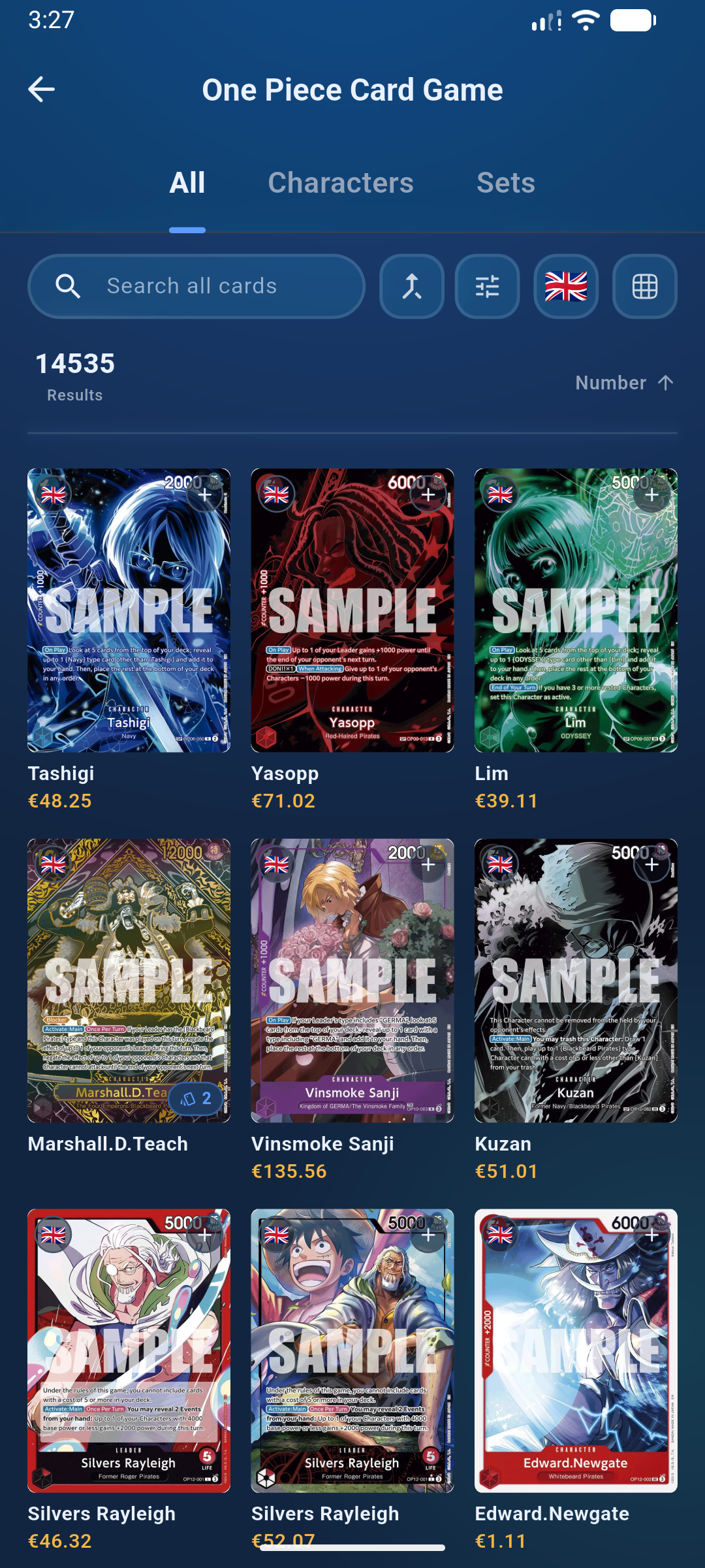 One Piece Card Game browser: 14,535 cards with market prices.