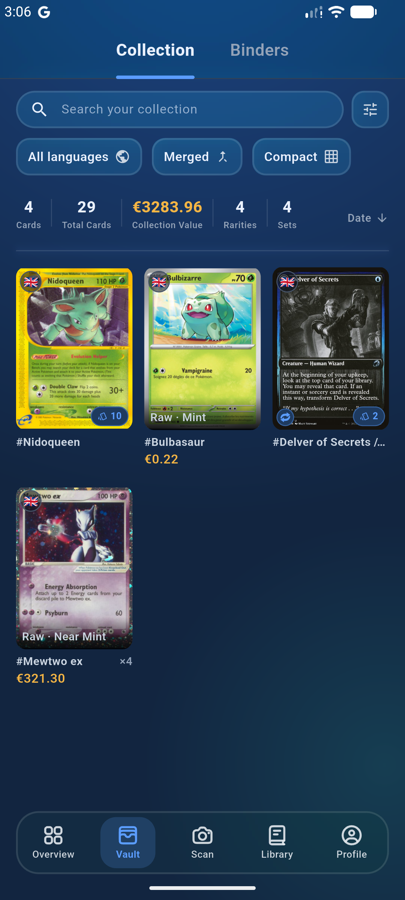 Vault screen: a grid of owned cards with condition, quantity and price.